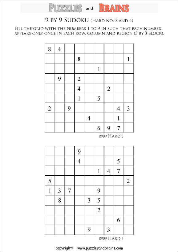 printable difficult level 9 by 9 Sudoku puzzles