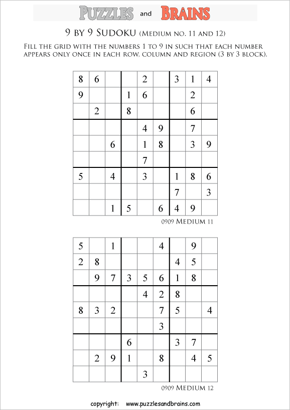 printable medium level 9 by 9  Sudoku puzzles