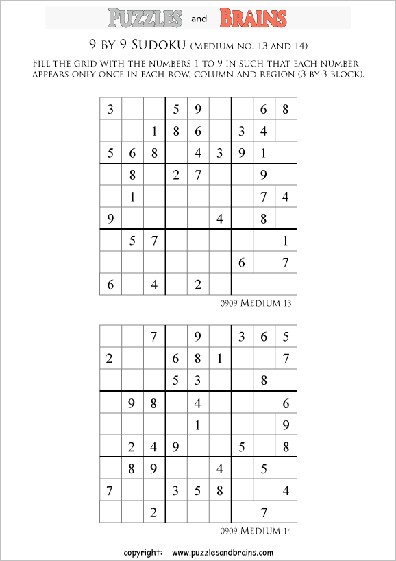 printable medium level 9 by 9 sudoku puzzles for kids beginners and profs