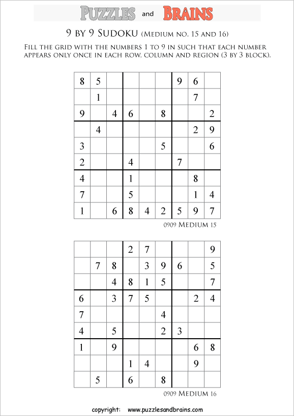 Printable medium level 9 by 9 Sudoku puzzles for kids, beginners and profs.