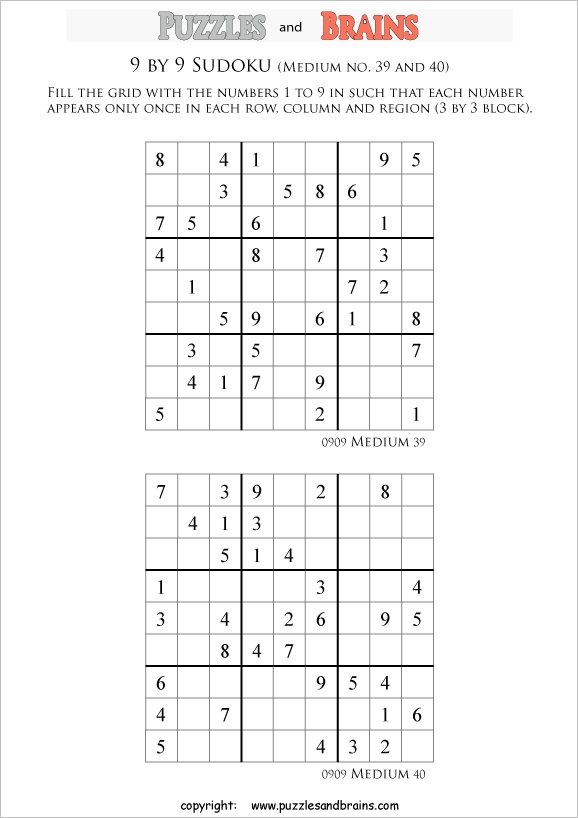 printable medium level 9 by 9  Sudoku puzzles