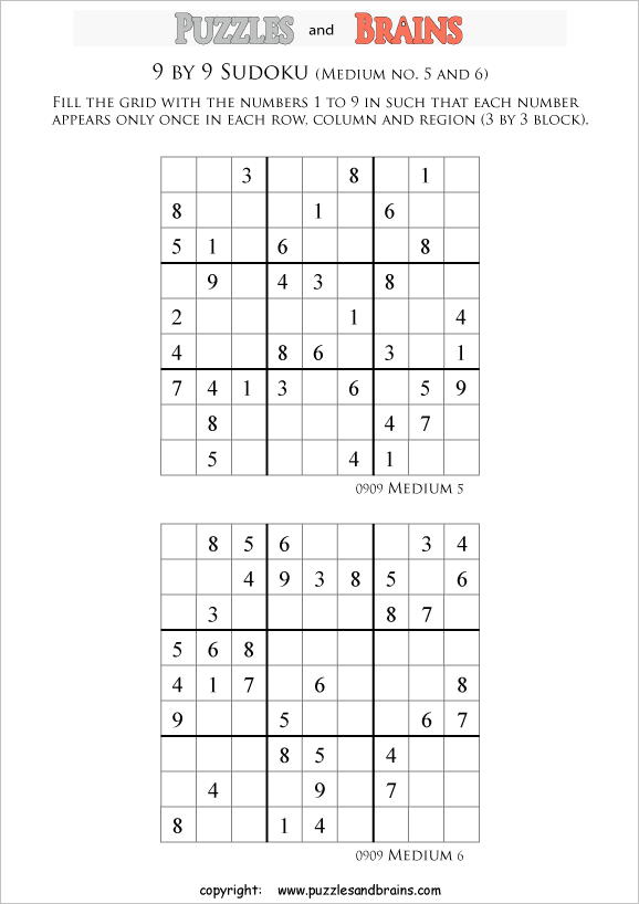 printable medium level 9 by 9  Sudoku puzzles