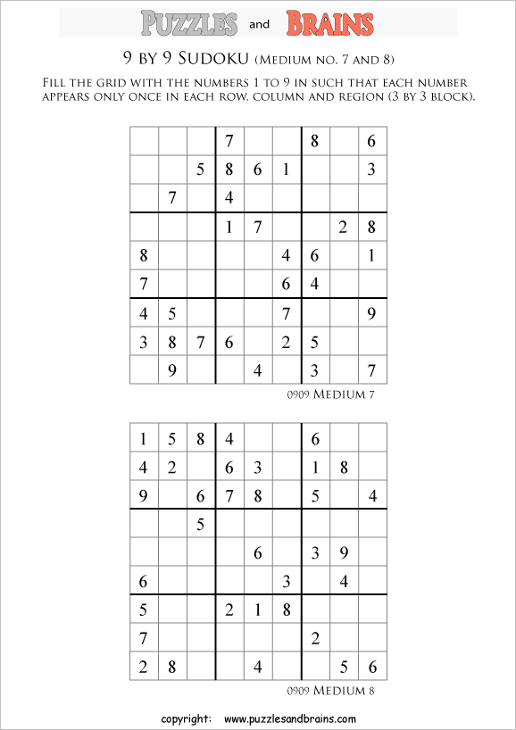 printable medium level 9 by 9  Sudoku puzzles