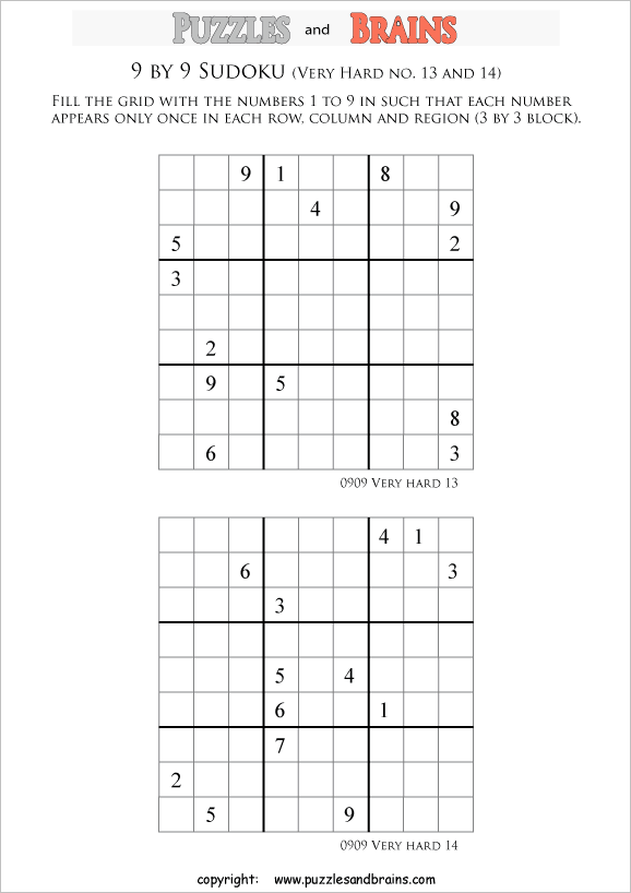 printable very difficult level 9 by 9 Sudoku puzzles