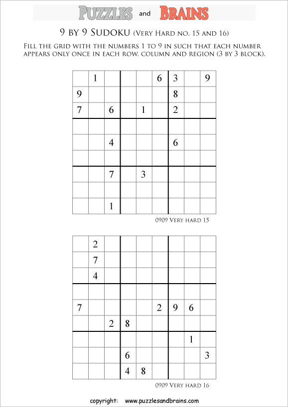 printable very difficult level 9 by 9 Sudoku puzzles