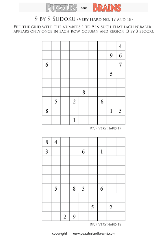 printable very difficult level 9 by 9  Sudoku puzzles