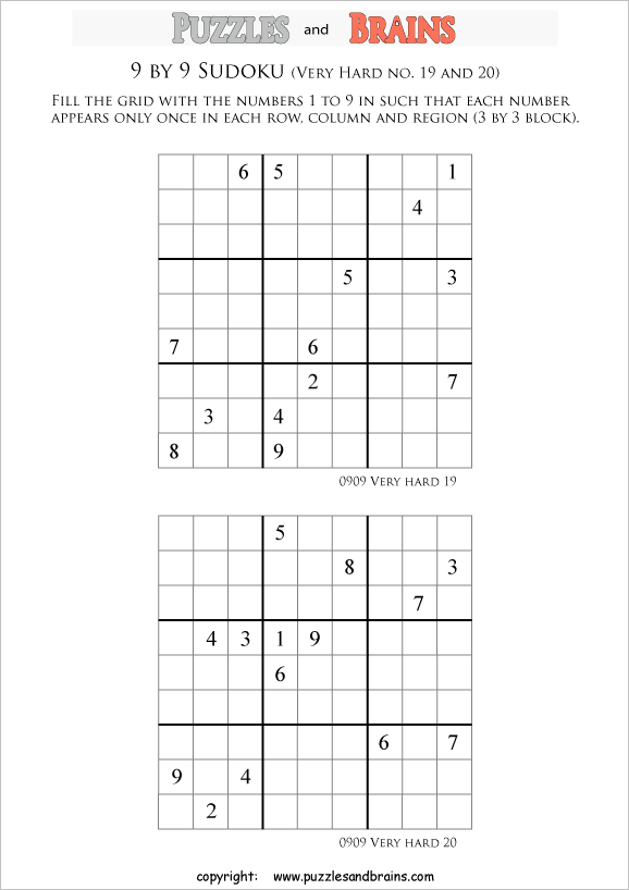 printable very difficult level 9 by 9  Sudoku puzzles