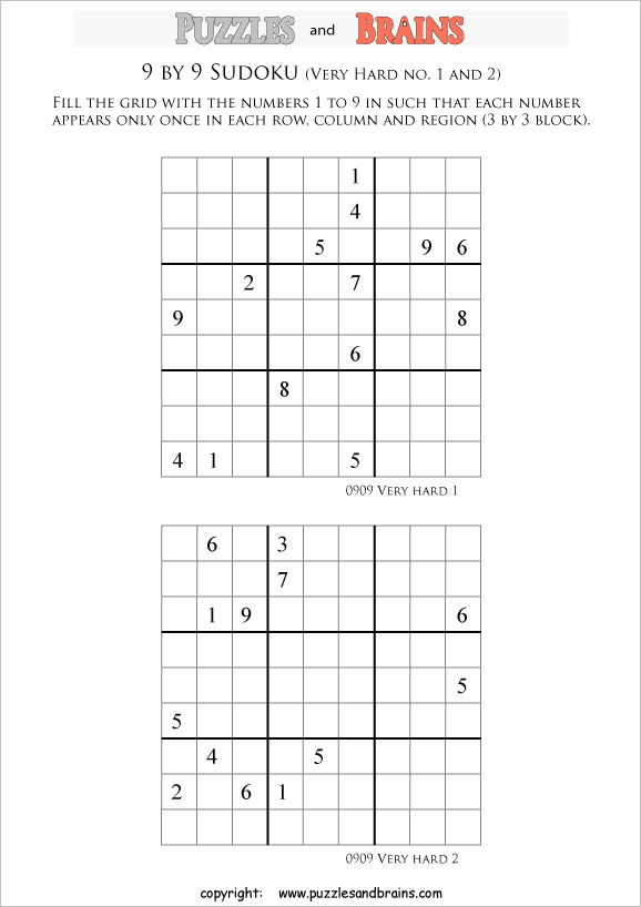 printable very difficult level 9 by 9 Sudoku puzzles