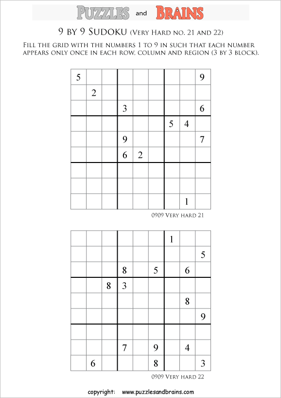 printable very difficult level 9 by 9 Sudoku puzzles