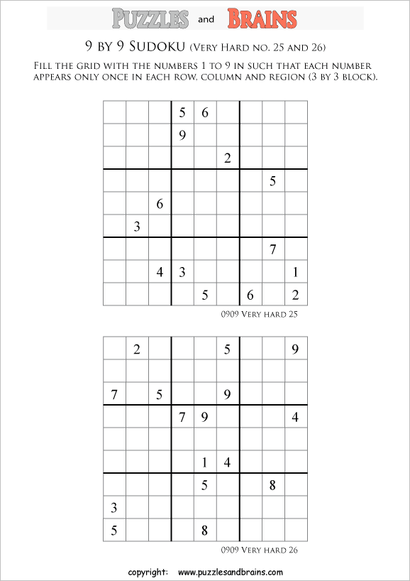 printable very difficult level 9 by 9 Sudoku puzzles