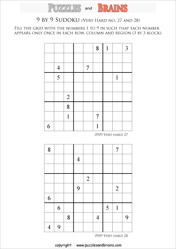 printable very difficult level 9 by 9 Sudoku puzzles