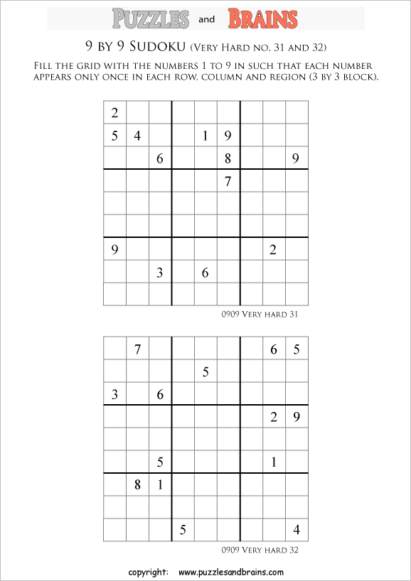 printable very difficult level 9 by 9 Sudoku puzzles