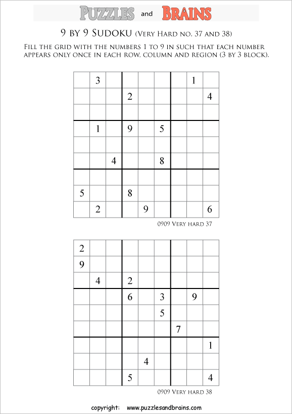 printable very difficult level 9 by 9 Sudoku puzzles