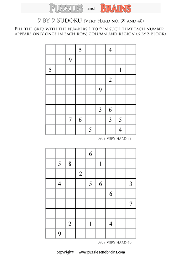 printable very difficult level 9 by 9  Sudoku puzzles