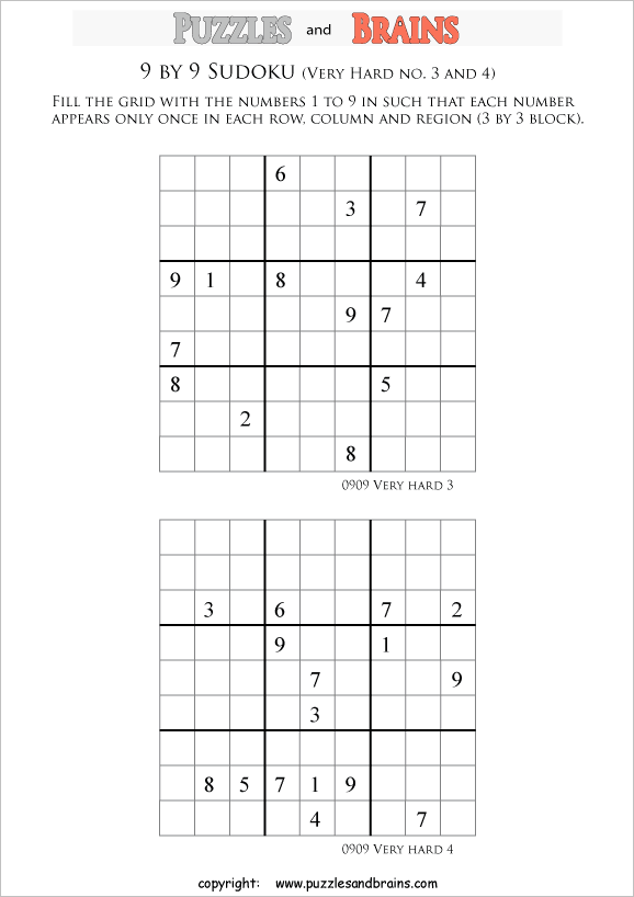 printable very difficult level 9 by 9 Sudoku puzzles