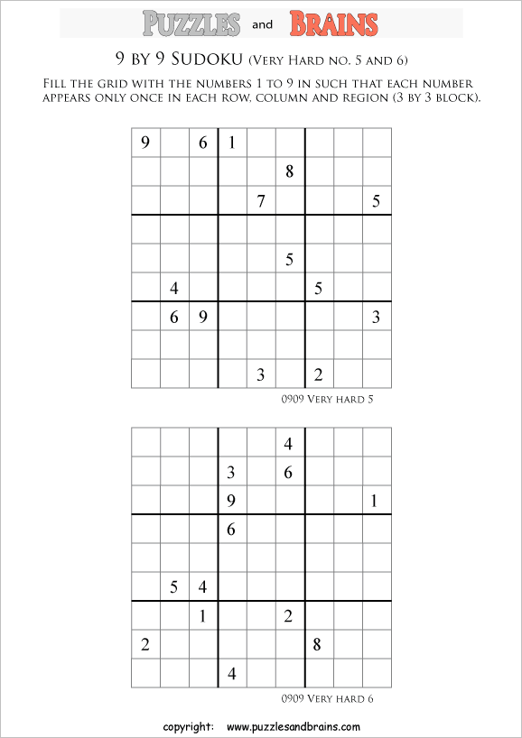 printable very difficult level 9 by 9 Sudoku puzzles