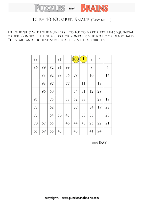 printable easier 10 by 10 Hidato Number Snake puzzles for young and old