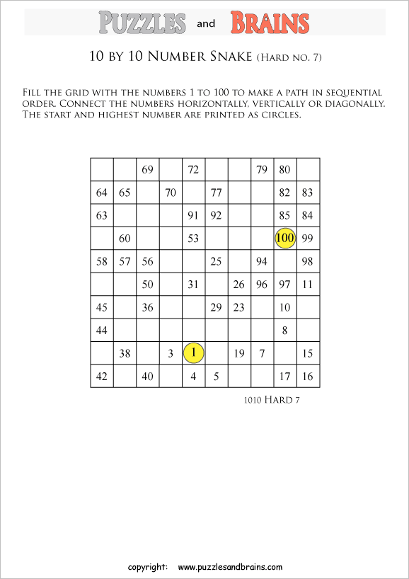 printable hard level 10 by 10 grid hidato number snake