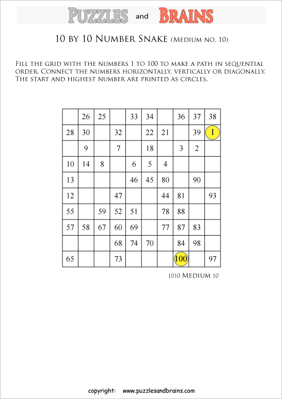printable medium 10 by 10 Hidato Number Snake puzzles for young and old