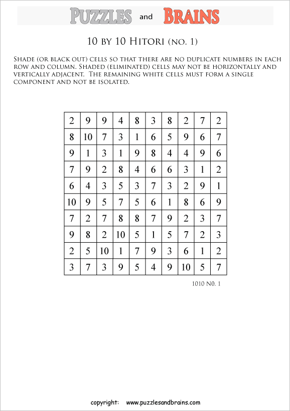 printable 10 by 10 Hitori logic puzzles that will boost your IQ