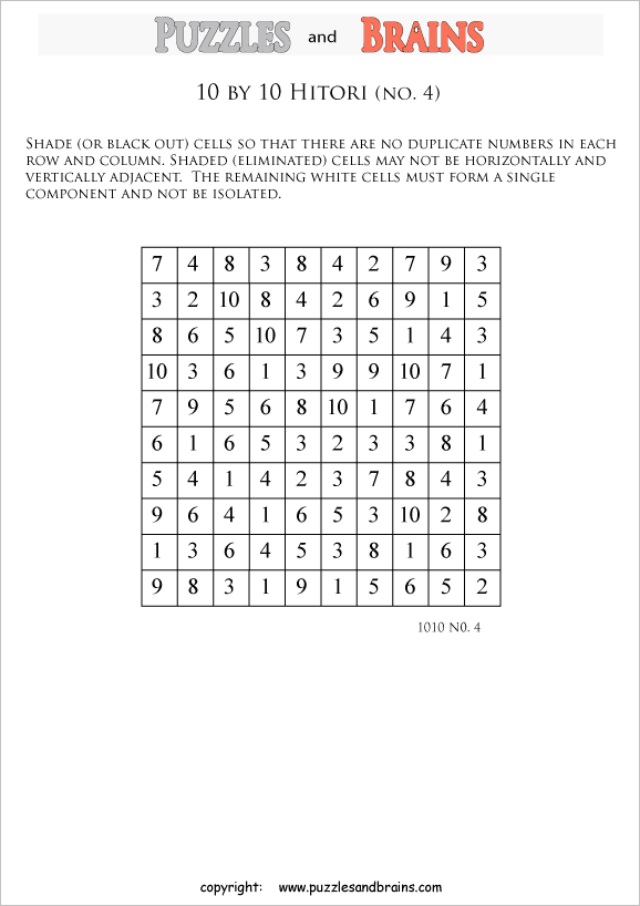 printable 10 by 10 Hitori logic puzzles that will boost your IQ