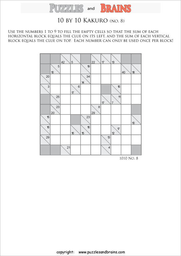 Printable 10 by 10 Kakuro math addition puzzles for kids and adults