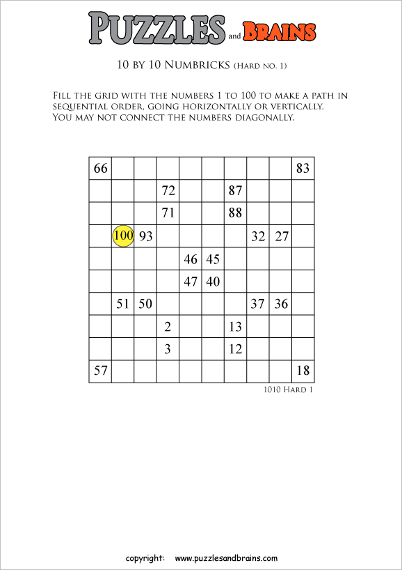 printable 10 by 10 difficult level Numbrix logic IQ puzzles