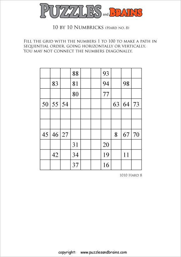 printable 10 by 10 difficult level Numbrix logic IQ puzzles