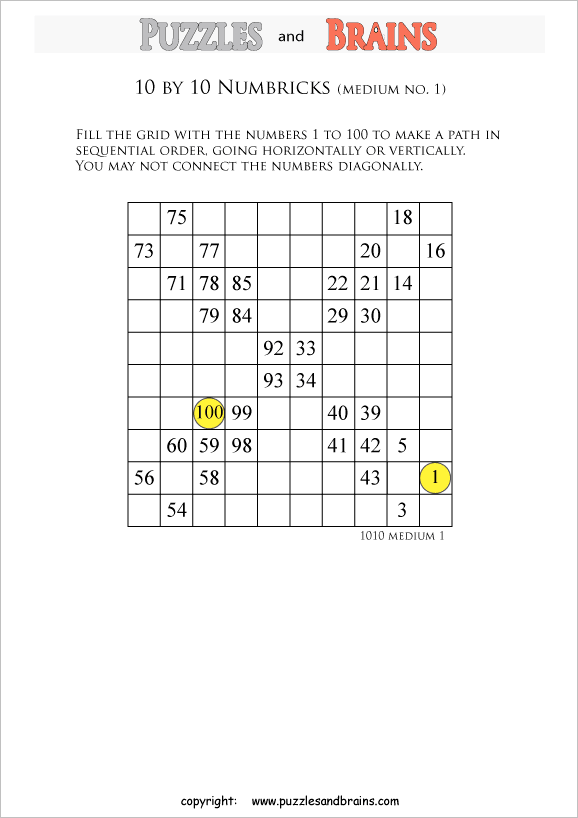 printable 10 by 10 medium level Numbrix logic IQ puzzles