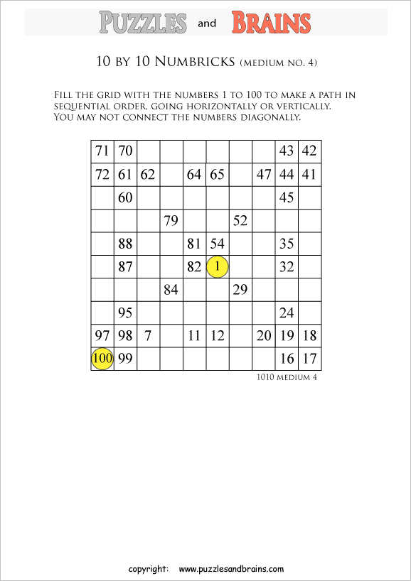 printable 10 by 10 medium level Numbrix logic IQ puzzles