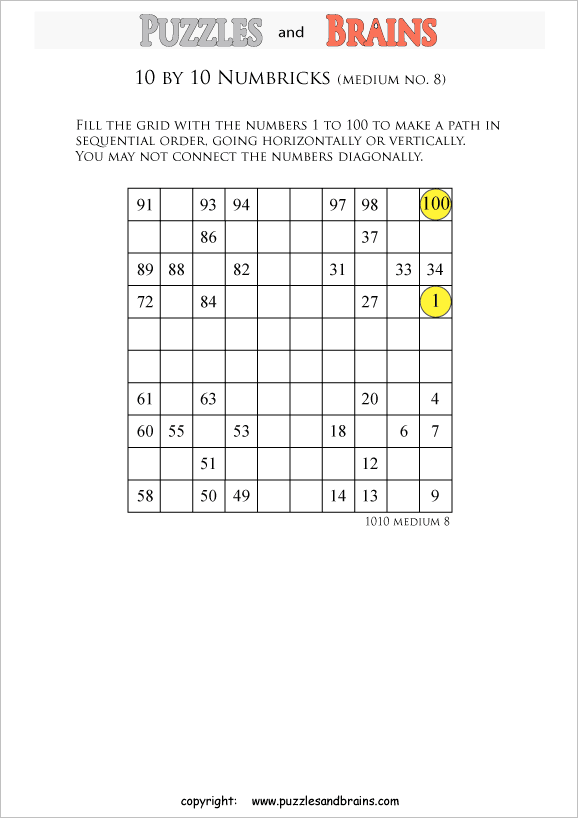Printable 10 by 10 medium level Numbrix logic puzzles for kids and adults