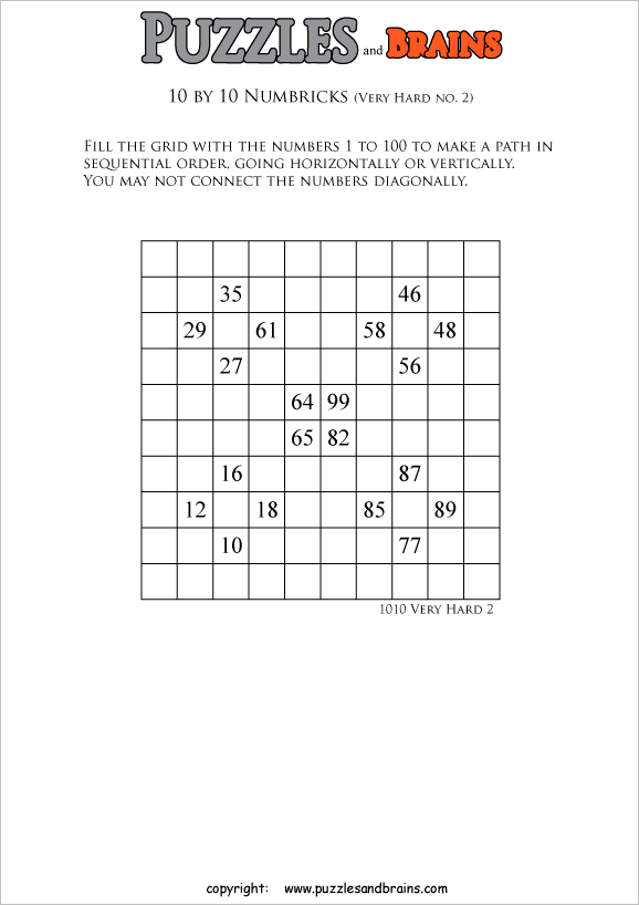 printable 10 by 10 very hard level Numbrix logic IQ puzzles