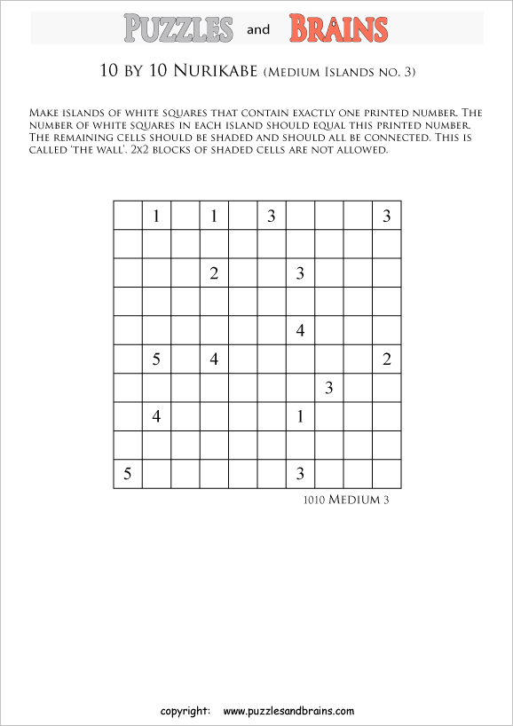Printable 10 by 10 grid Nurikabe logic puzzles with medium sized islands