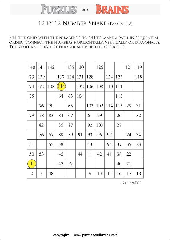 printable easier 12 by 12 Hidato Number Snake puzzles for young and old