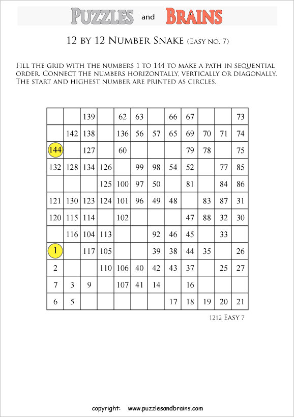printable easier 12 by 12 Hidato Number Snake puzzles for young and old