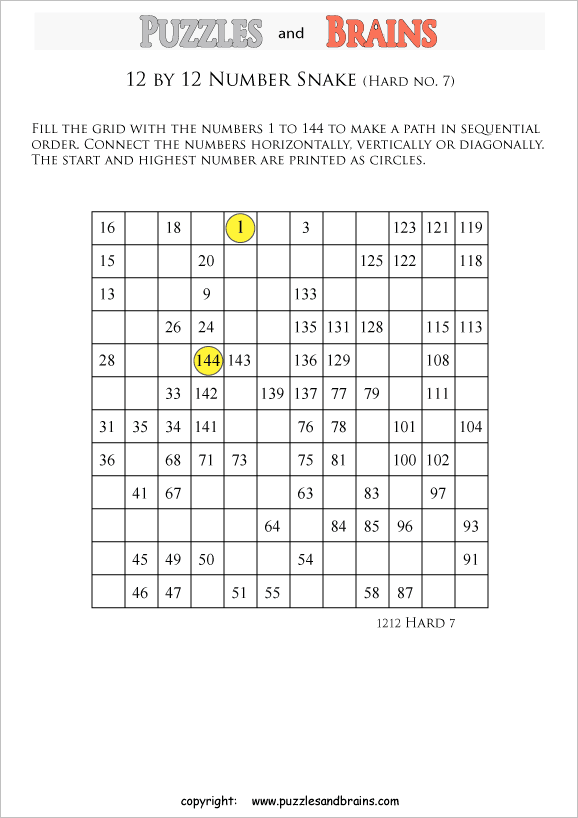 Printable hard level 12 by 12 grid Hidato Number Snake logic puzzles ...
