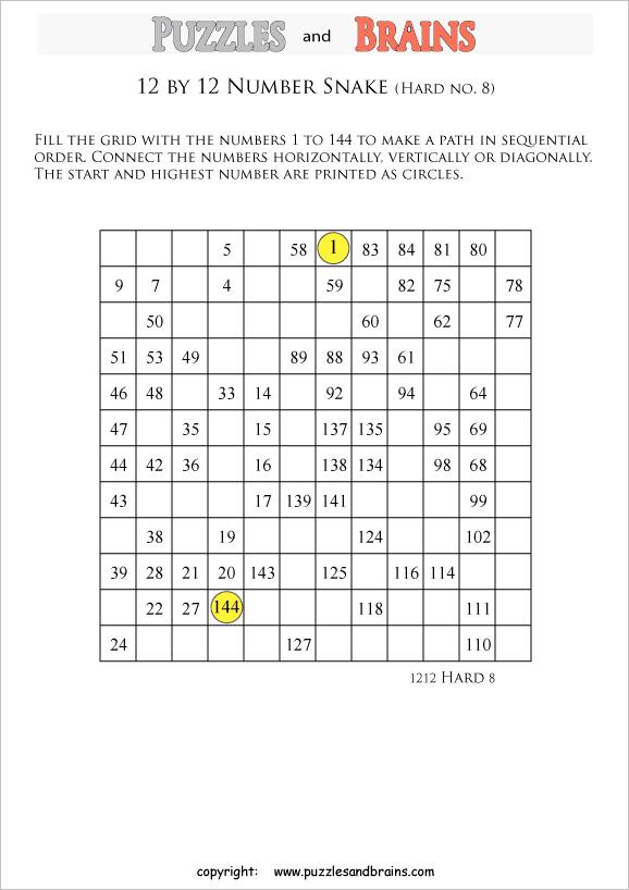 Printable hard level 12 by 12 grid Hidato Number Snake logic puzzles ...