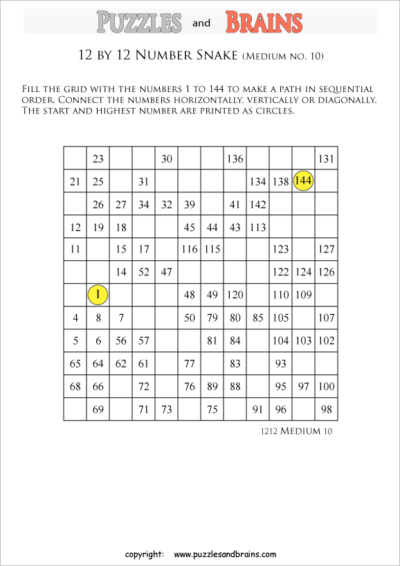 printable medium 12 by 12 Hidato Number Snake puzzles for young and old