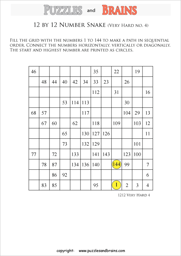 printable very difficult 12 by 12 Hidato Number Snake puzzles for young and old