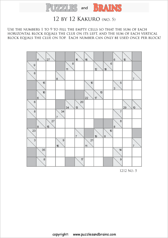 Printable 12 By 12 Kakuro Math Addition Puzzles For Kids And Adults