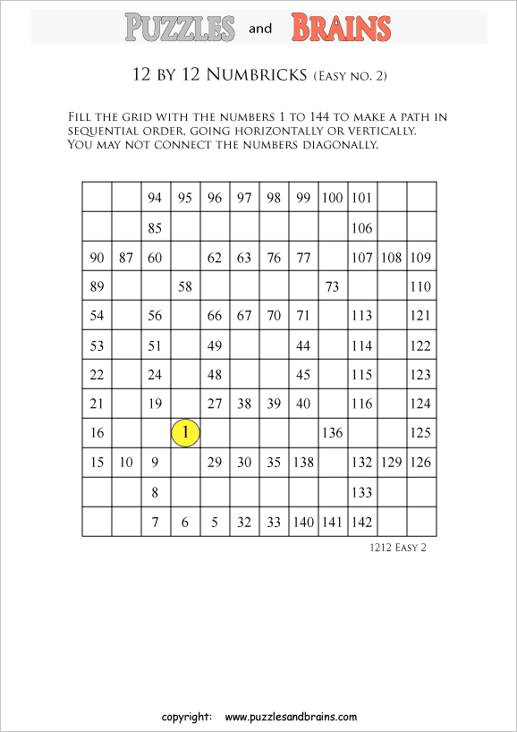 Printable easier level 12 by 12 grid Numbrix Number Snake logic puzzles