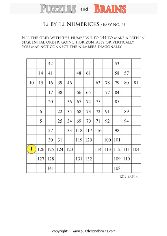 Printable easier level 12 by 12 grid Numbrix Number Snake logic puzzles