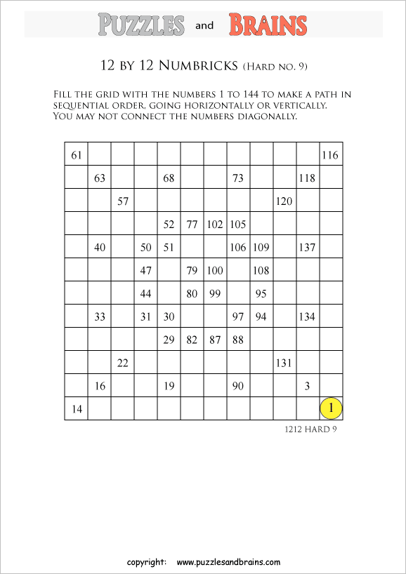 printable 12 by 12 difficult level Numbrix logic IQ puzzles