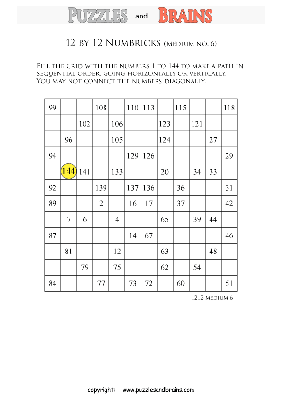 Printable 12 by 12 medium level Numbrix logic puzzles for kids and adults