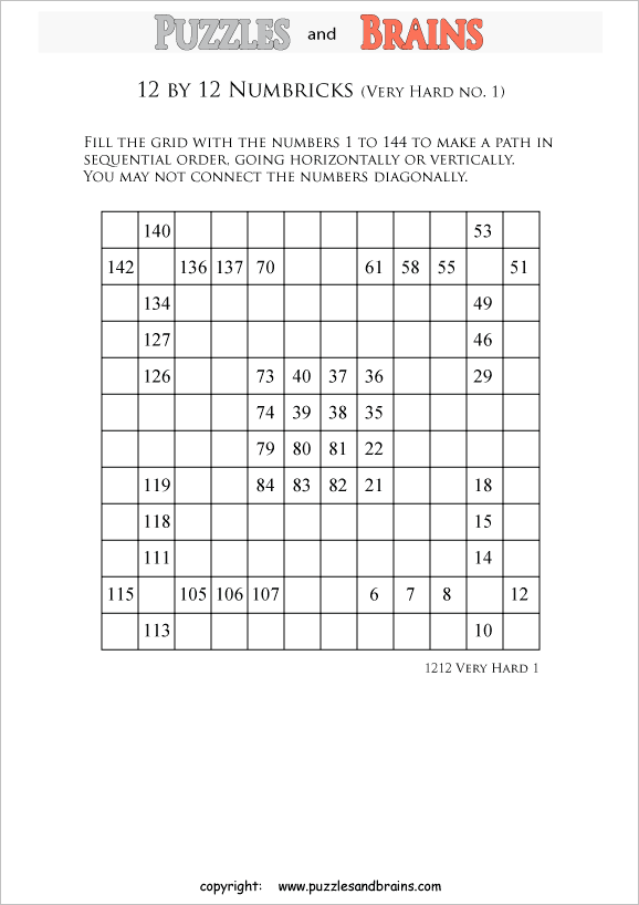 printable 12 by 12 very hard level Numbrix logic IQ puzzles