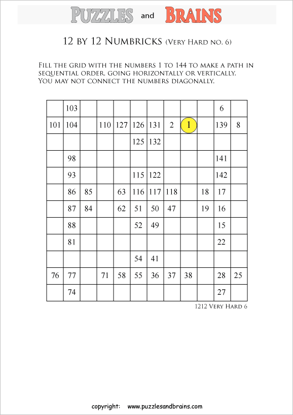 printable 12 by 12 very hard level Numbrix logic IQ puzzles