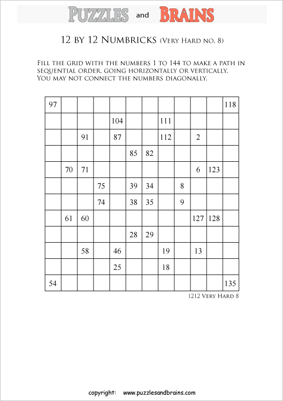 printable 12 by 12 very hard level Numbrix logic IQ puzzles
