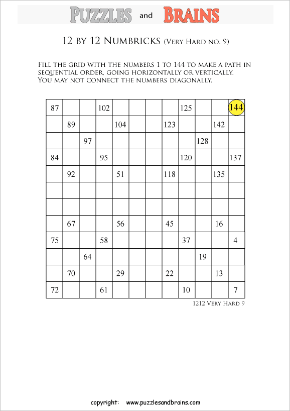 printable 12 by 12 very hard level Numbrix logic IQ puzzles