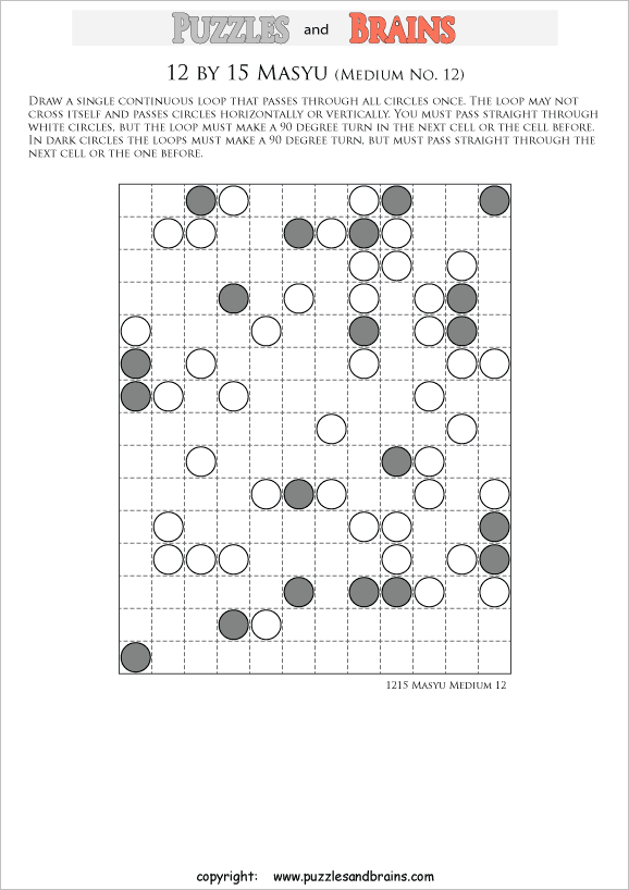 Printable medium level 12 by 15 Masyu Circle Japanese logic puzzles for