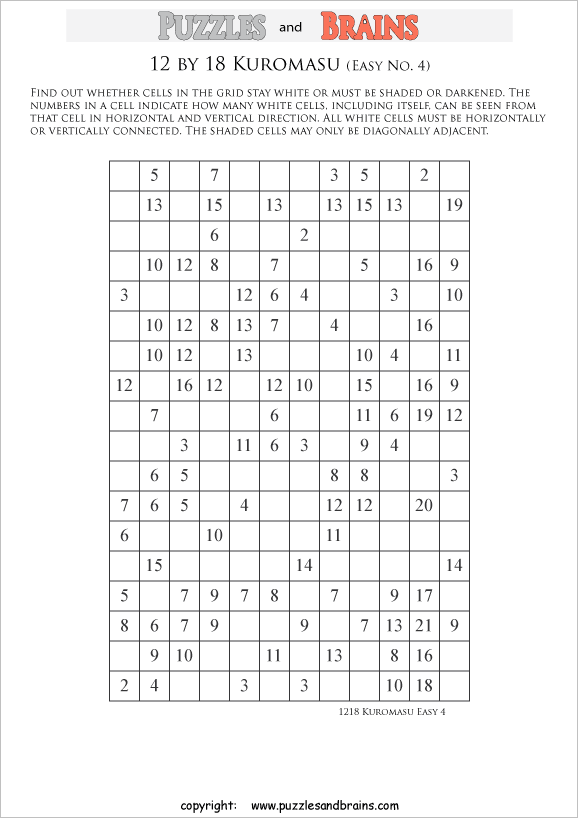 printable easier level 12 by 18 Kuromasu logic puzzles for young and old